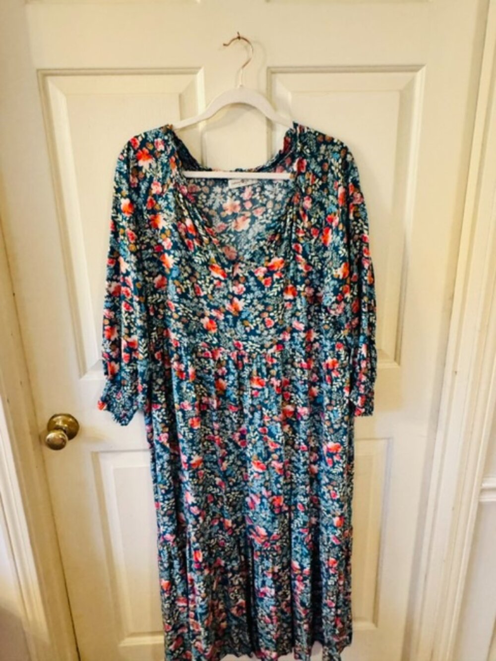 Natural Life Teal Blue Cottagecore Floral Maxi Dress Size Large